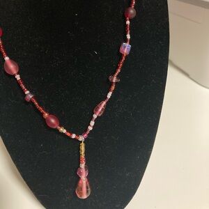 Handmade red beaded y-shaped necklace, magnetic clasp, statement necklace